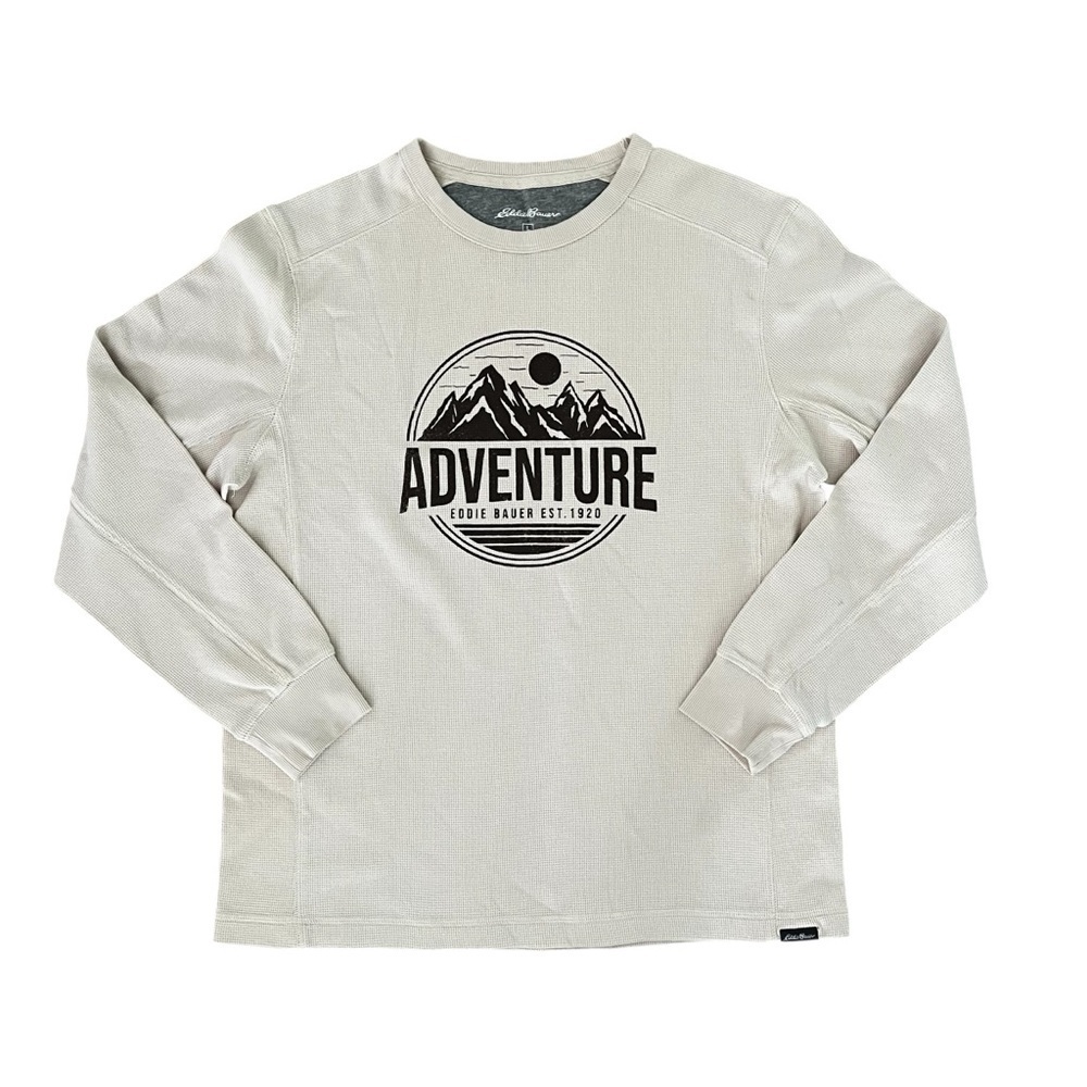 Eddie Bauer Men’s Large Long Sleeve Shirt Cream Brown Mountains Adventure